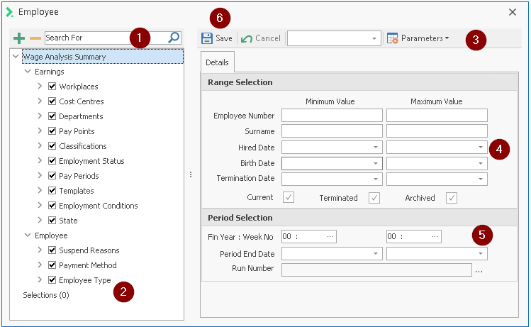 Main areas of Advanced Filter screen