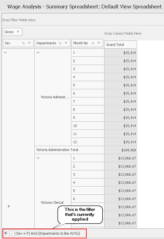 In the results screen, the blue bar at the bottom of the window shows details of the current filter