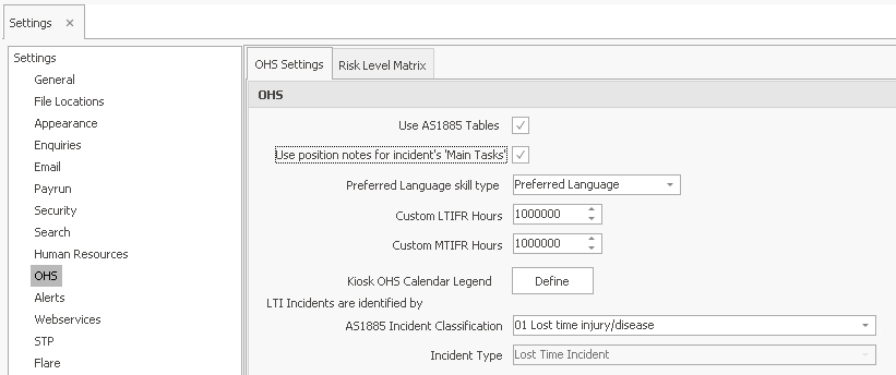 The Settings window, including the AS1885 Tables settings