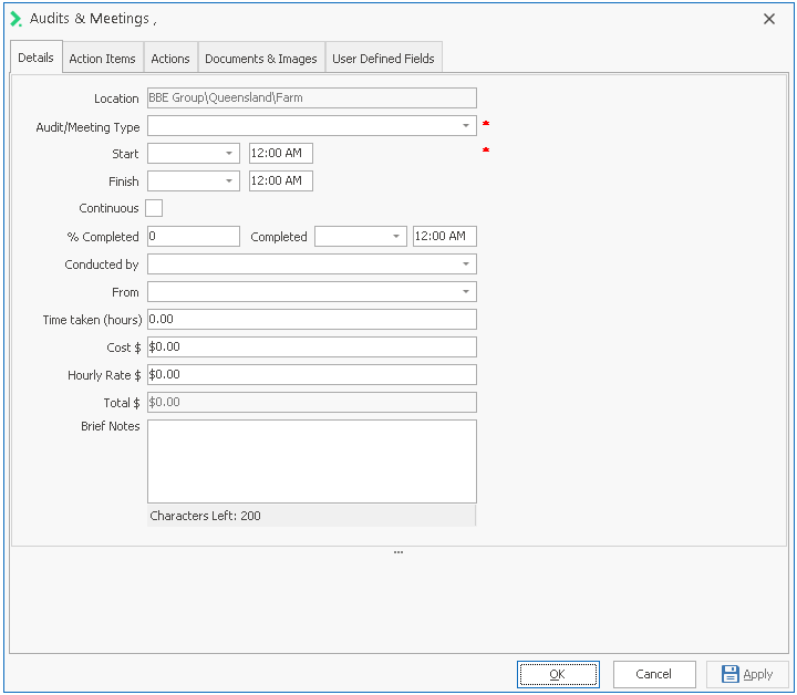The blank Audits & Meetings window