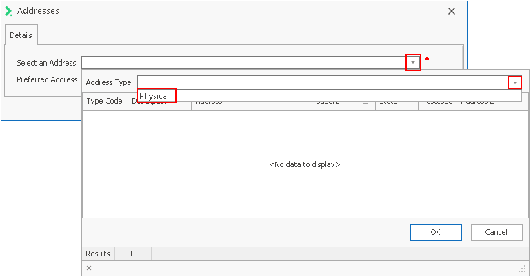 The Search for Addresses dialog box